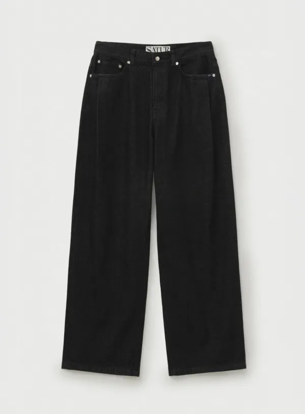 Wide Curved Denim Pants - Black