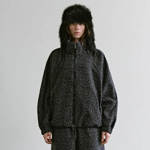 Leopard Fleece Set-up Jacket [ Charcoal ]