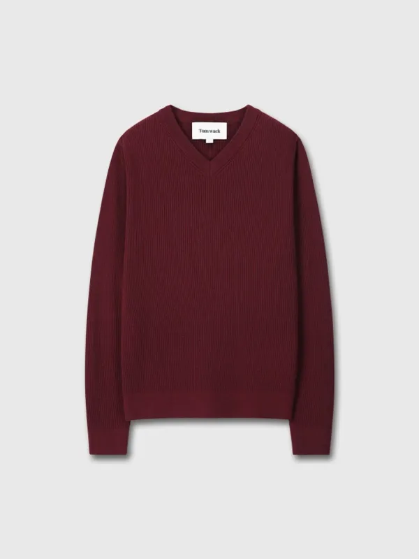 (W) SUPER FINE WOOL RIBBED V-NECK SWEATER_ MAROON