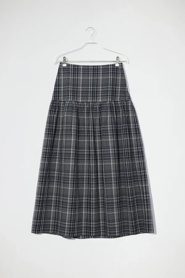 CHECK YOKE LONG SKIRT - NAVY