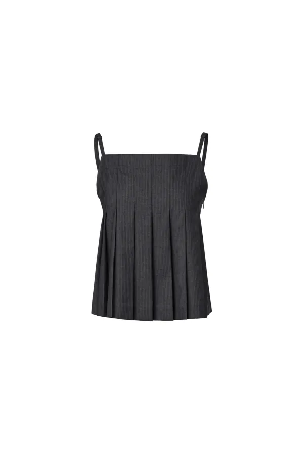 STRIPED PLEATED SLEEVELESS TOP [CHARCOAL]