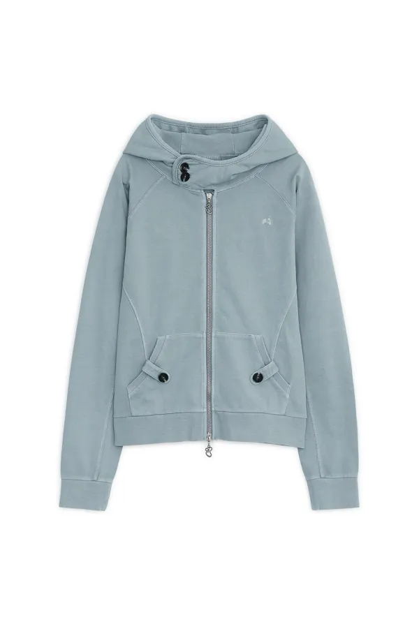 Washed high-neck hoodie zip-up (Blue)