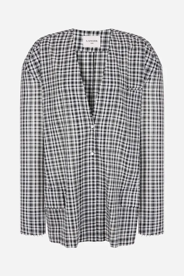 summer collarless check jacket