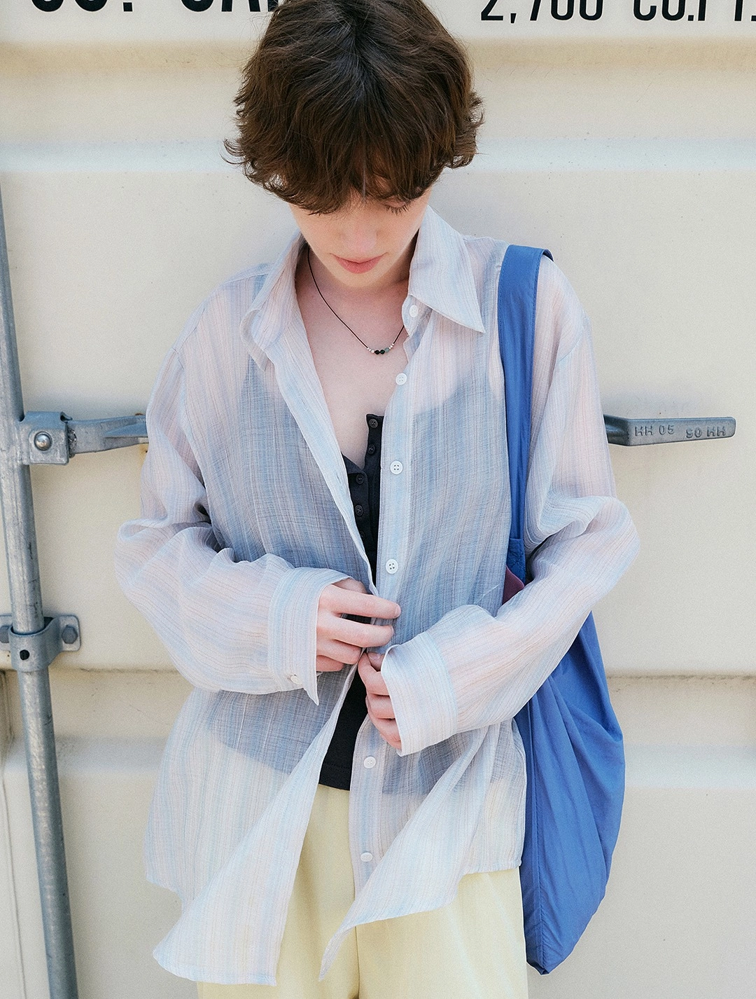 로에일 Sheer stripe oversize shirt_Sky blue 상품 이미지 1