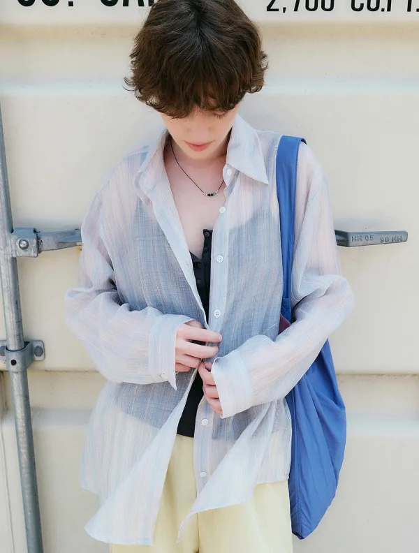 Sheer stripe oversize shirt_Sky blue