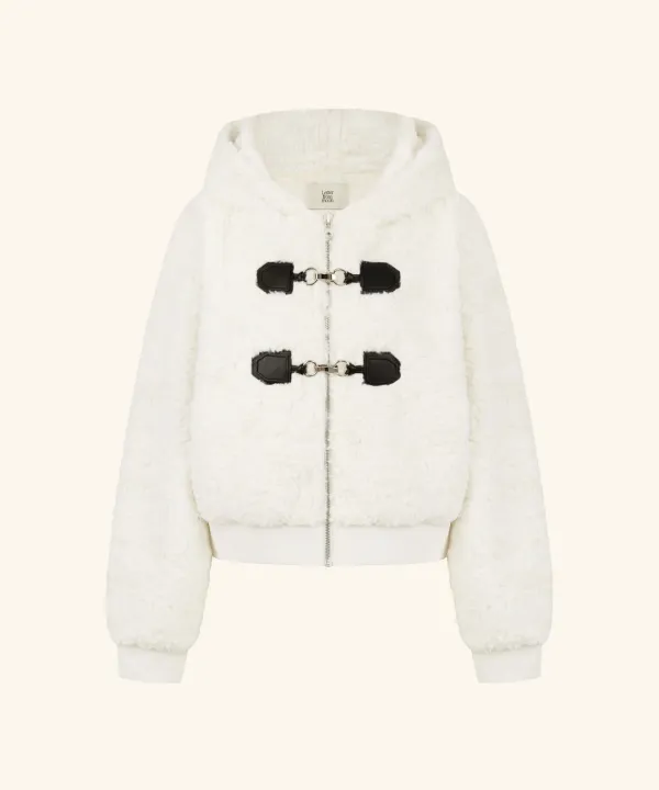 Twin Buckle Hooded Fur Jacket ( Ivory )