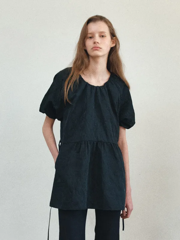 TIS JACQUARD TWO WAY SHIRRING PUFF DRESS_BLACK