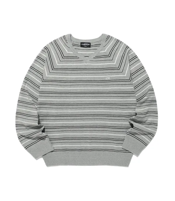 multi stripe 3star v neck knit[grey]