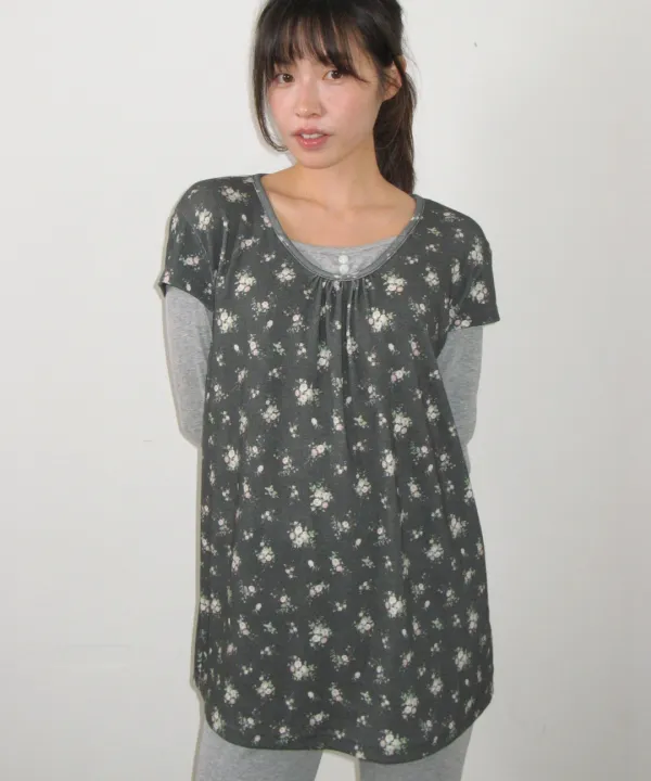 FLORAL LAYERED LONG SLEEVE CHARCOAL