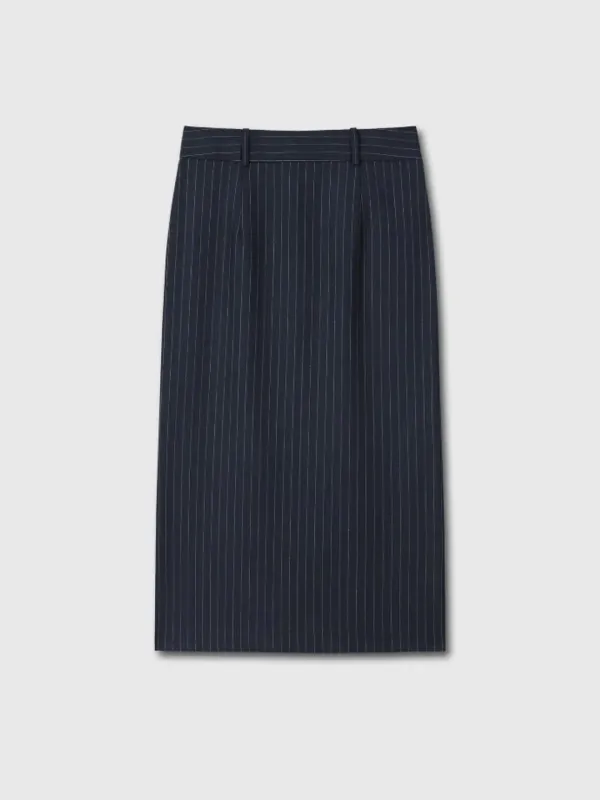 STRIPED WOOL LONG PENCIL SKIRT_ NAVY PINSTRIPE