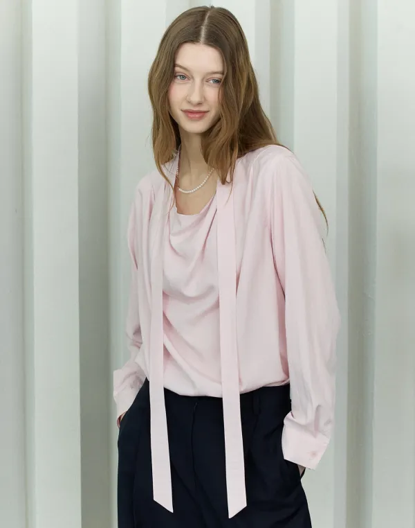 Draped Neck Tie Blouse - Pink