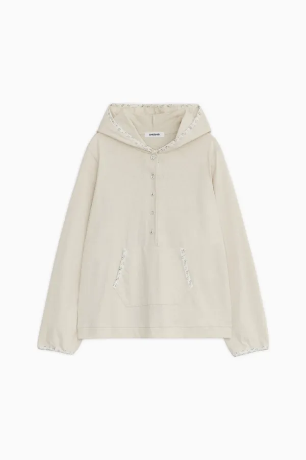 FLORAL BUTTON HOODED LONG SLEEVE, IVORY