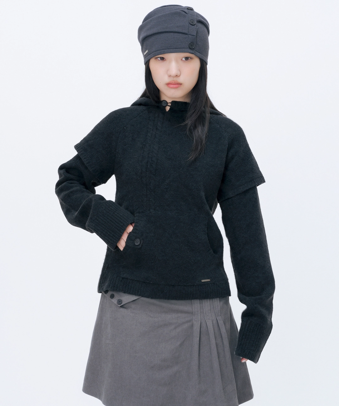 미세키서울 [10월 19일 발매] Layered twist hoodie knit BLACK 상품 이미지 2