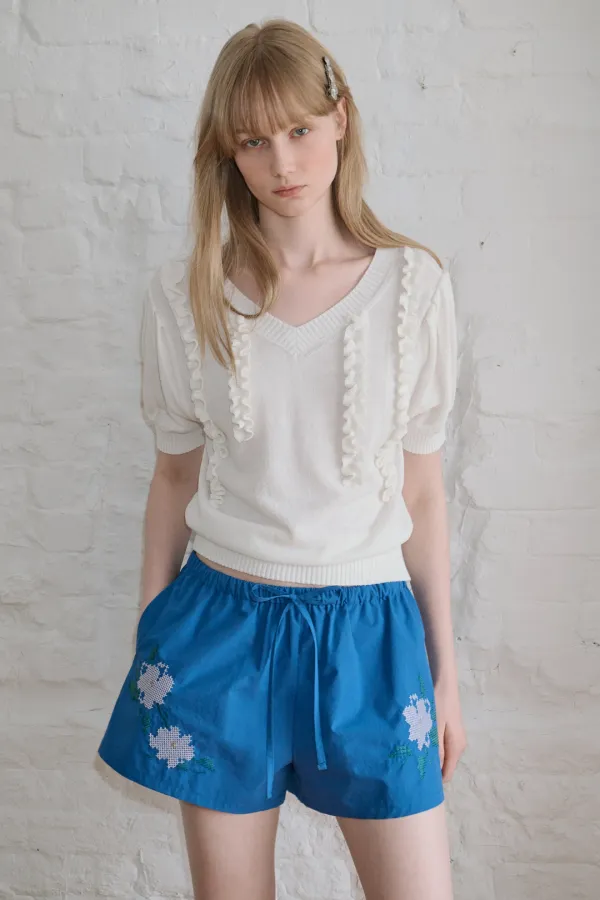 Puff Ruffle Knit Pullover (White)