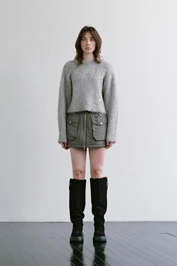 Shaggy Cropped Knit Pullover [ Light Gray ]