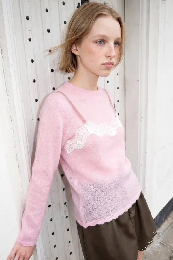 Lace Patch Sheer Knit (Pink)