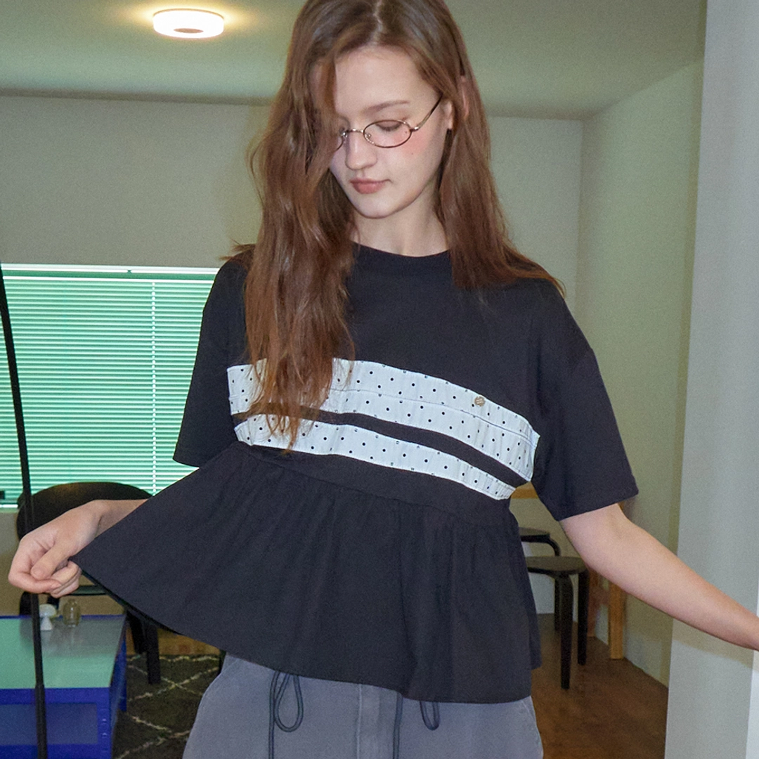 론론 PATCHWORK RUFFLE SHORT SLEEVE T SHIRT BLACK 상품 이미지 2