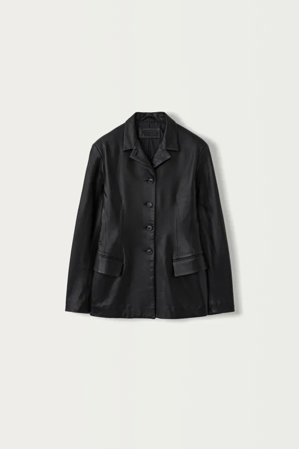 Single-breasted tailored leather jacket (Black)