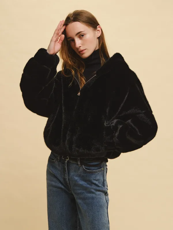 ROVENA fur hood zip-up jacket_black