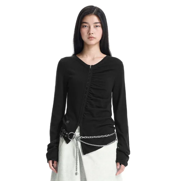 Hook-Detail Shirred Cardigan [ Black ]