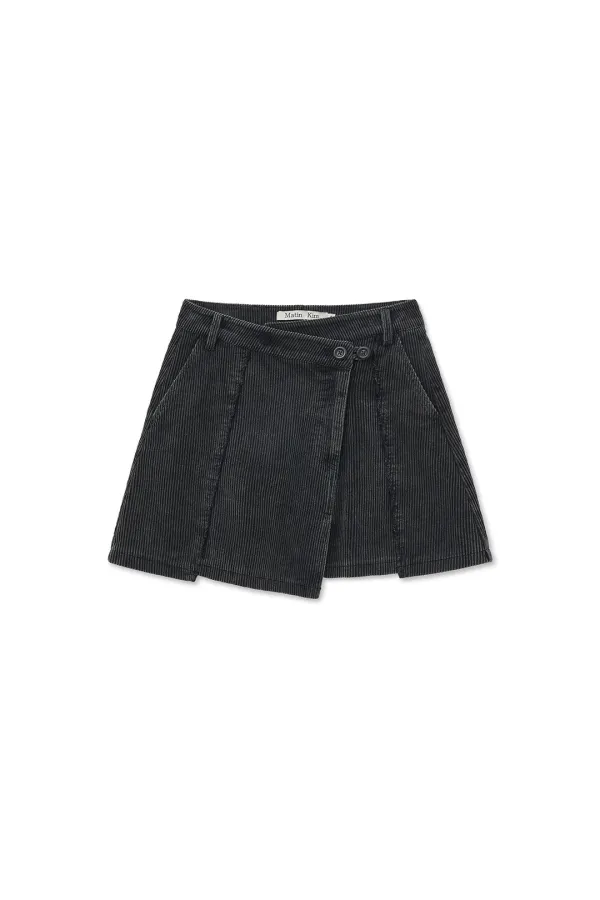 WASHED CORDUROY WRAP SKIRT IN BLACK