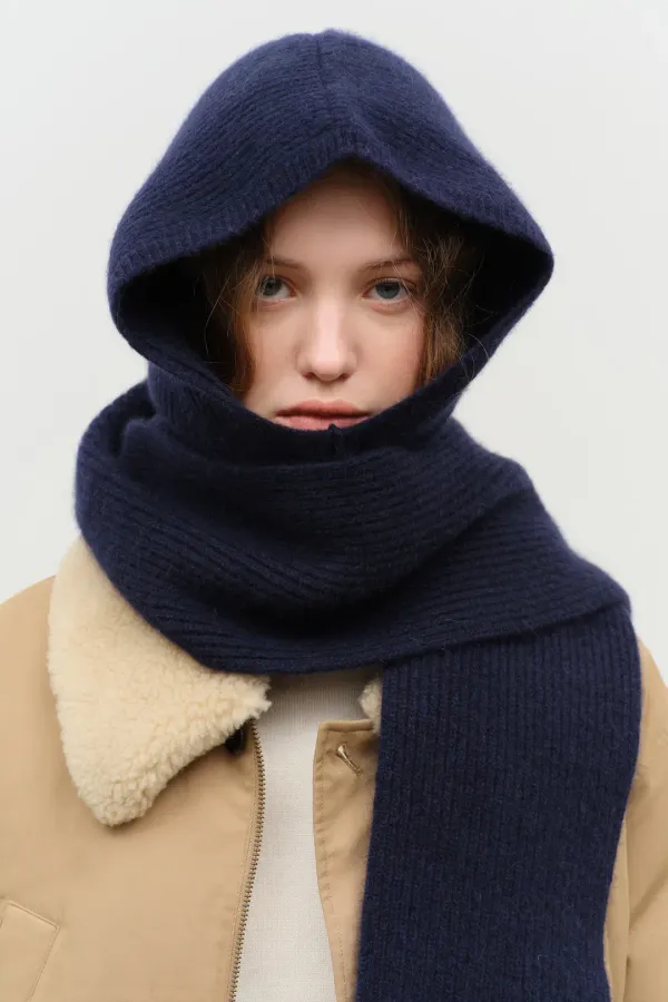 KNITTED CASHMERE MUFFLER MELANGE NAVY