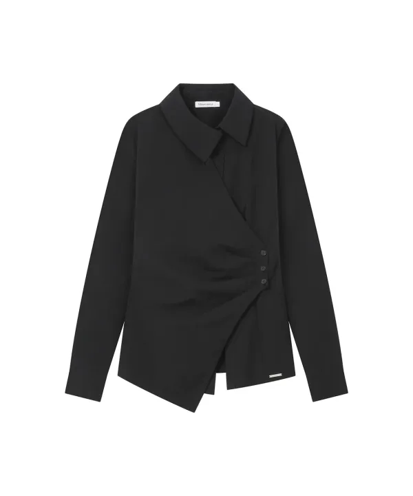 Wrap pleats button shirt BLACK