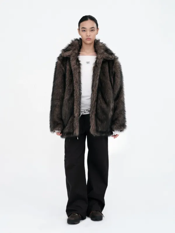 Buckle Long Hair Fur Jacket [Brown]