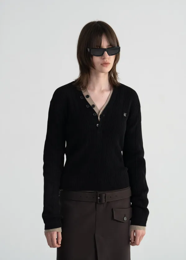 (UNI) MERINO WOOL V-NECK RIBBED KNIT TOP - BLACK