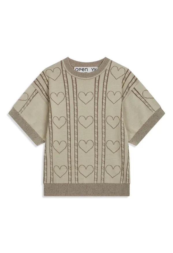HEART&CABLE CREWNECK KNIT, BROWN