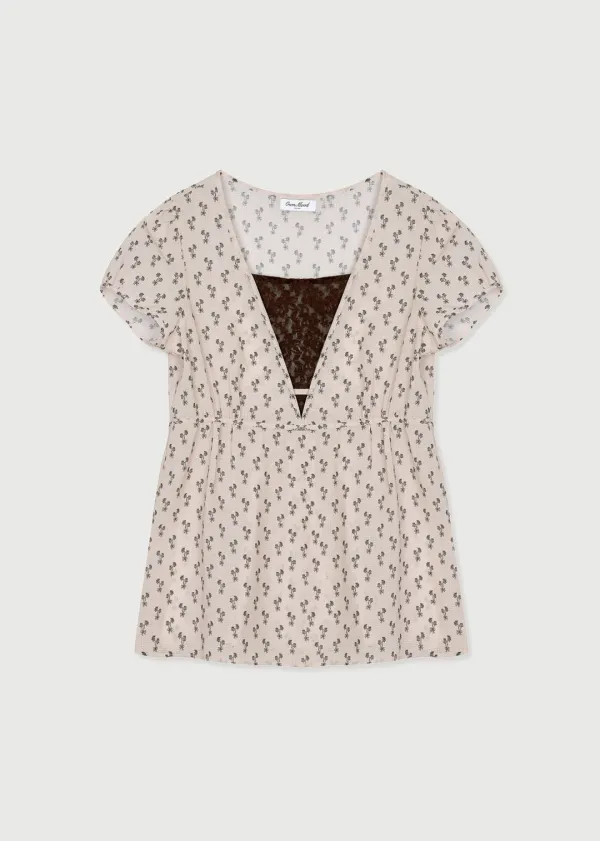 LACE LAYERED FLORAL BLOUSE - BEIGE