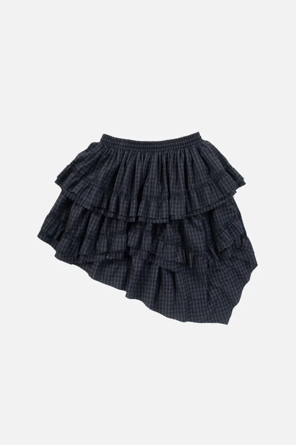 RAW EDGE CHECK TIERED SKIRT - NAVY