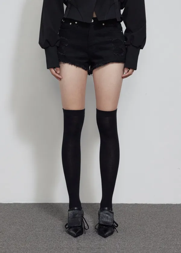 [3RD] DAMAGE BLACK SHORTS, BLACK