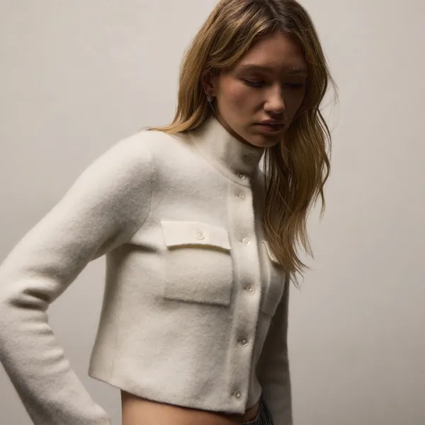 Wool Alpaca Funnel Neck Cardigan Jacket - Ivory