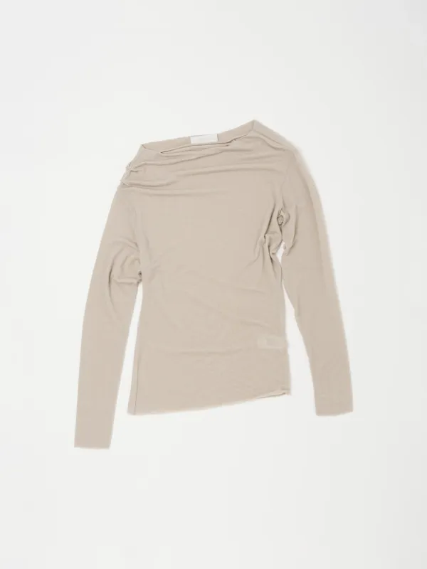 ASYMMETRIC WOOL DRAPE TOP IN TAUPE