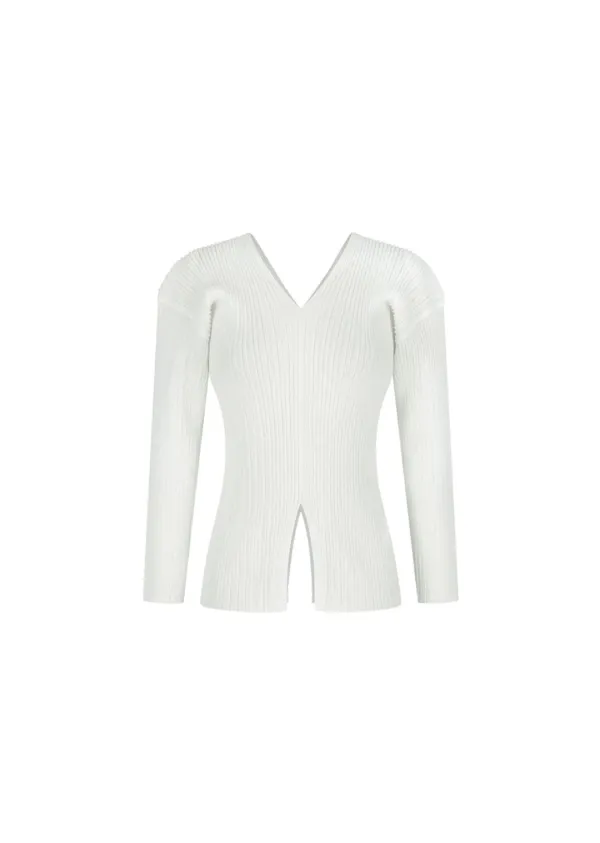 Pleats V-neck Knit Blouse, White