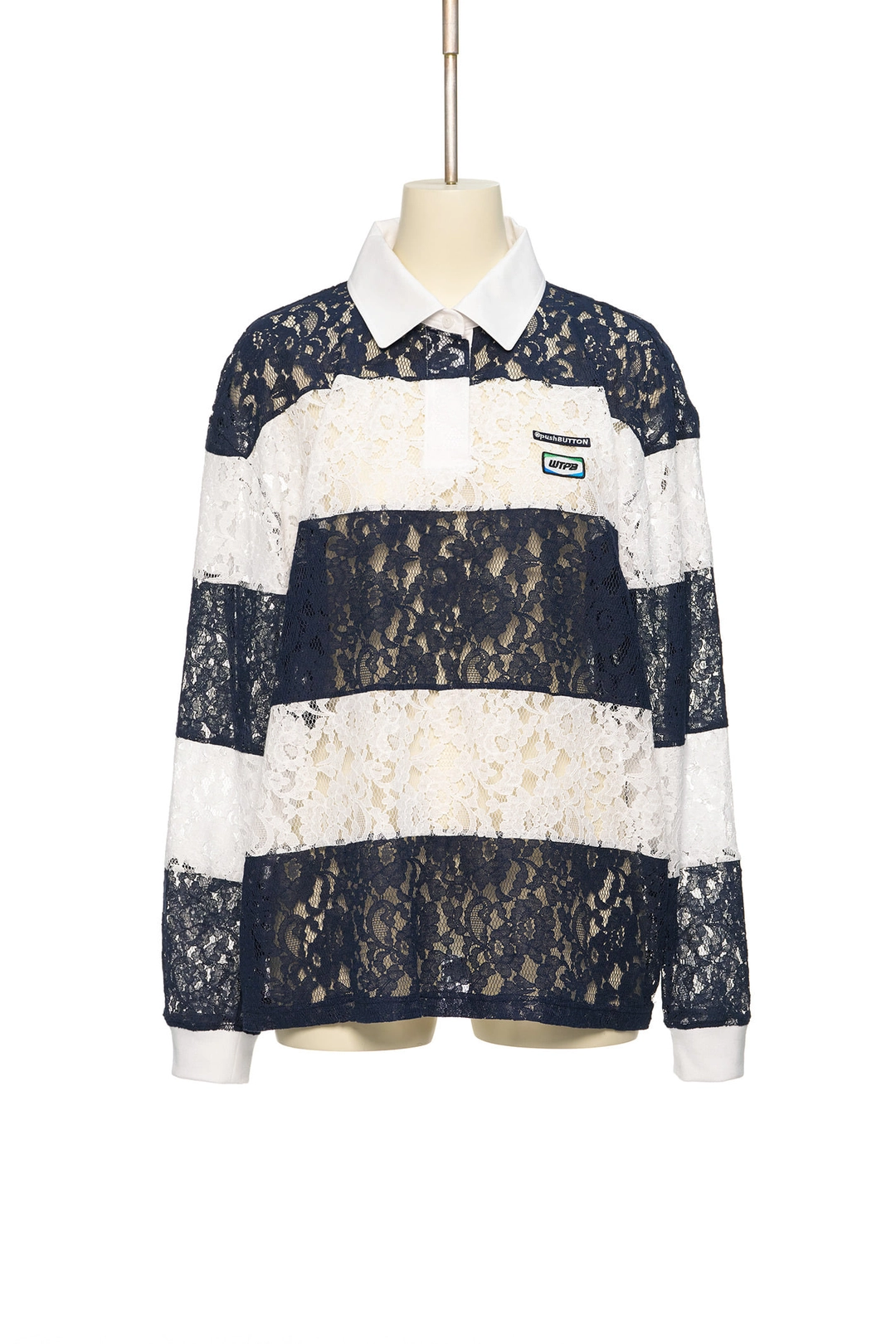 푸쉬버튼 PS26 NAVY LACE STRIPE PIQUÉ TOP 상품 이미지 1