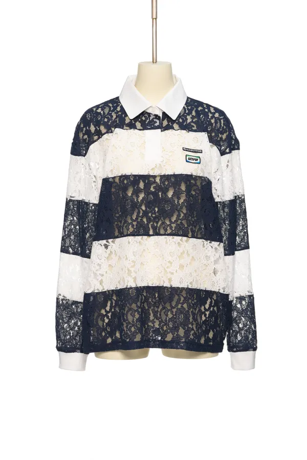 PS26 NAVY LACE STRIPE PIQUÉ TOP