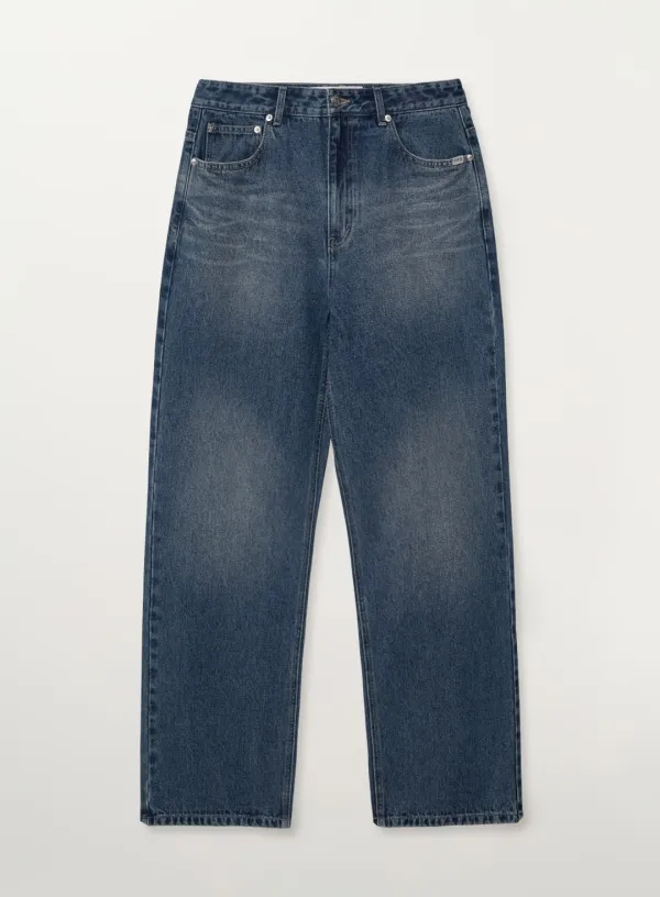 Straight Washed Denim Pants - Blue