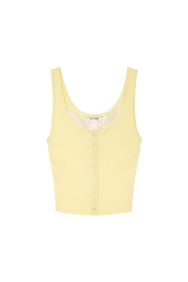 SCOOP NECK LACE TRIM SLEEVELESS TOP (YELLOW)