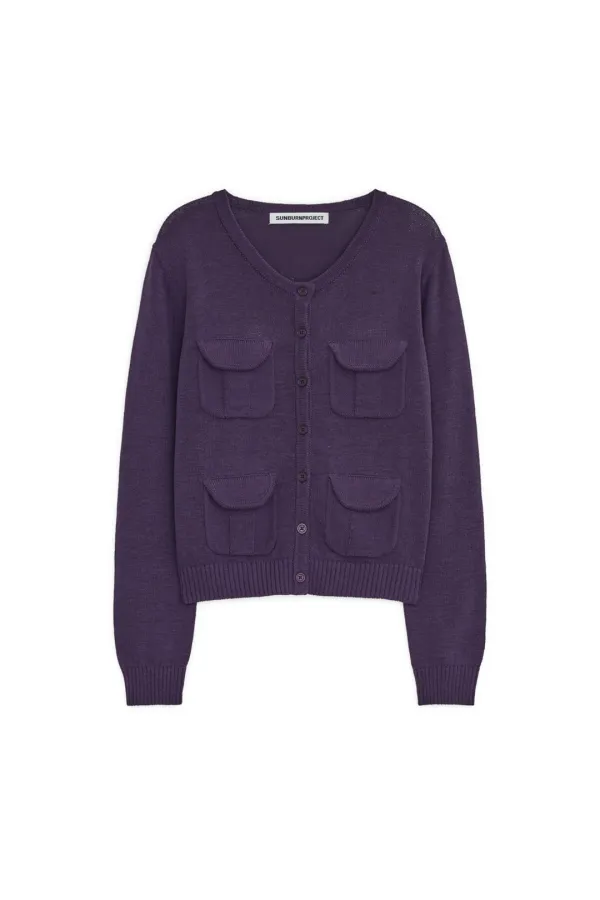 MULTI POCKET CROP CARDIGAN, PURPLE