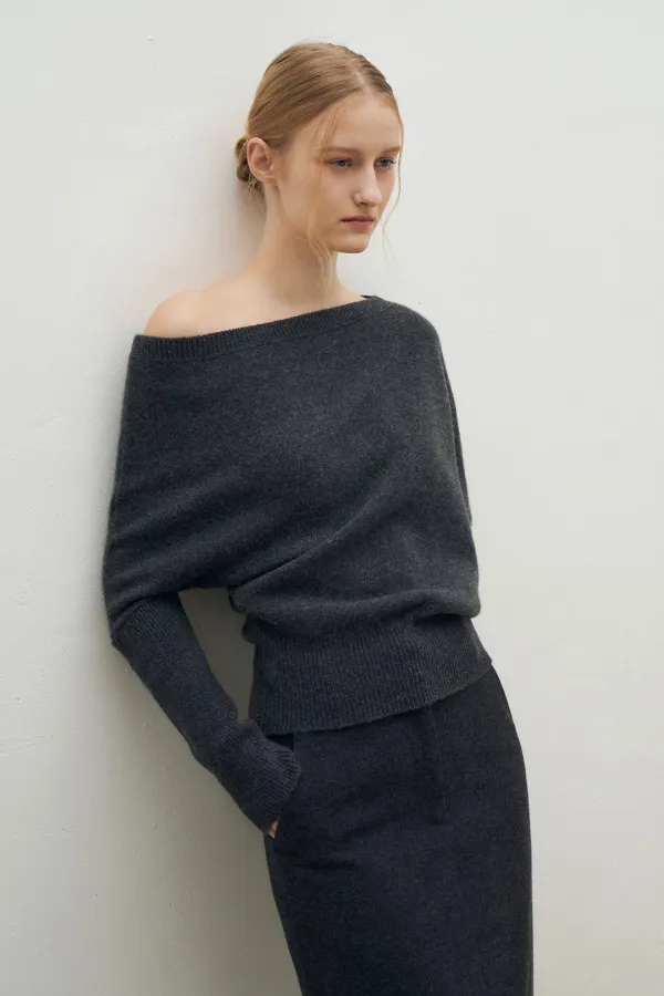 Baby Alpaca One-Off Shoulder Knit Top[LMBEWIKN301]-Charcoal