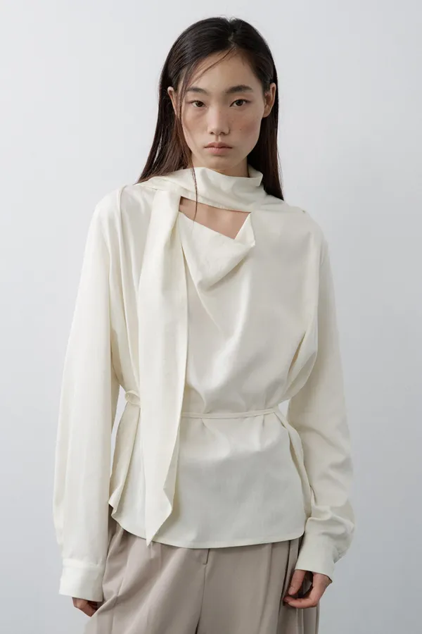 Scarf Cowl Neck Blouse (Cream)