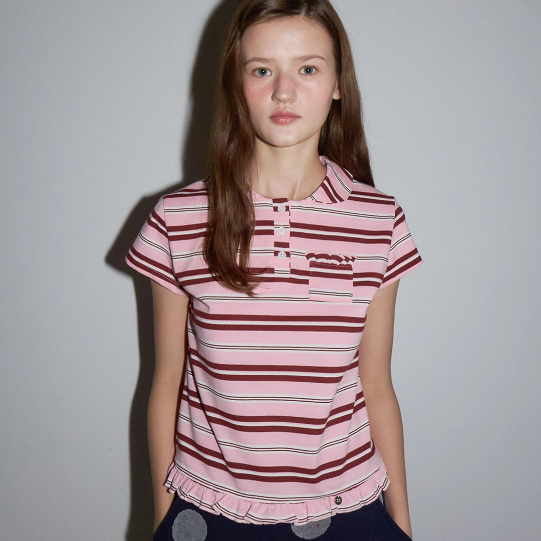 론론 RUFFLE ROUND COLLAR PK T SHIRT PINK STRIPE 상품 이미지 1