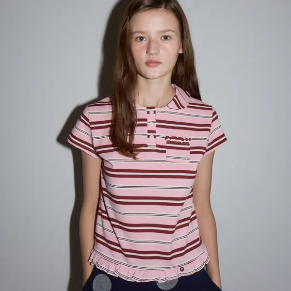 RUFFLE ROUND COLLAR PK T SHIRT PINK STRIPE