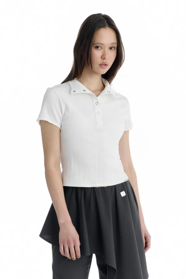 Snap Band Collar T-Shirt [ White ]