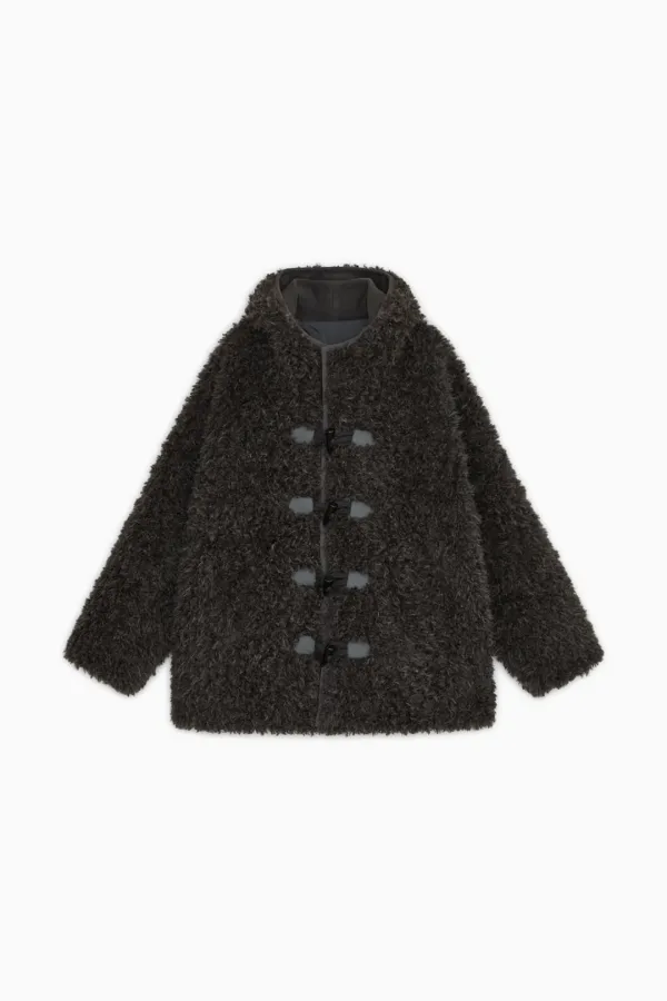 [10/6 SOON] FLUFFY TOGGLE HOODED JACKET, CHARCOAL