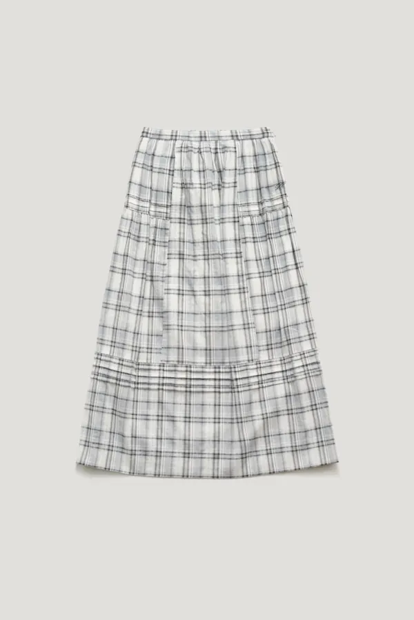 SELINA CHECK SHIRRING FLARE LONG SKIRT_FOG GREY / ₩171,000 -> ₩153,900 (10%)