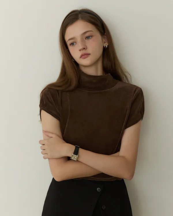 Velvet half pola sleeve shirring t shirts - 2color
