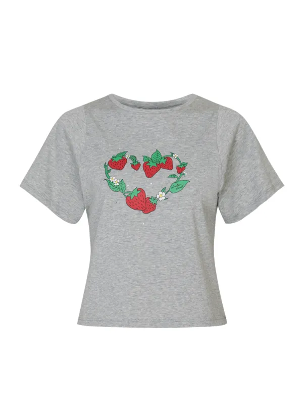 Strawberry Picnic Crop T-Shirt  (Gray)